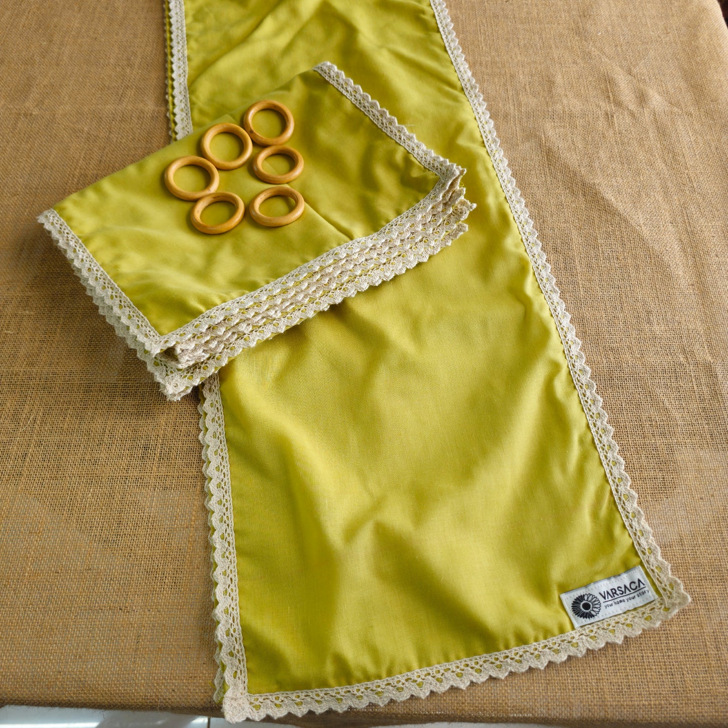 Yellow 6 Seater Cotton Table Runner With Place Mat And Wooden Rings