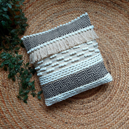 Handwoven Black And Off White Tufted Boho Cushion Cover | 16 x 16 Inch