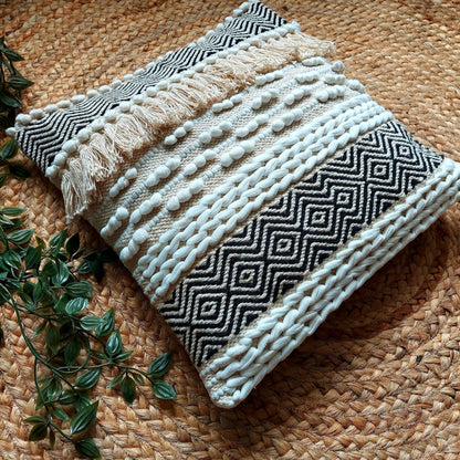 Handwoven Black And Off White Tufted Boho Cushion Cover | 16 x 16 Inch