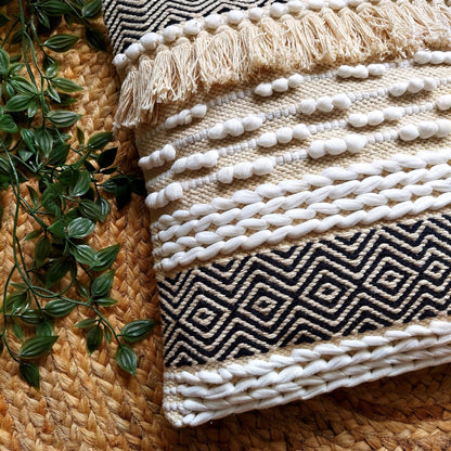 Handwoven Black And Off White Tufted Boho Cushion Cover | 16 x 16 Inch