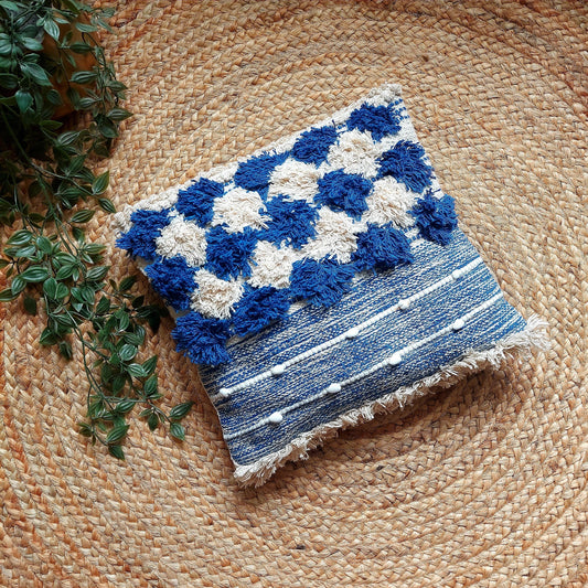 Handwoven Blue and White Tufted Boho Cushion Cover | 16 x 16 Inch