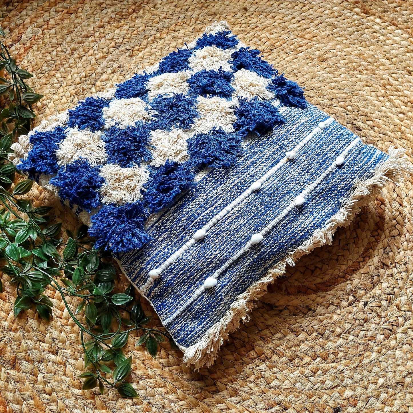 Handwoven Blue and White Tufted Boho Cushion Cover | 16 x 16 Inch