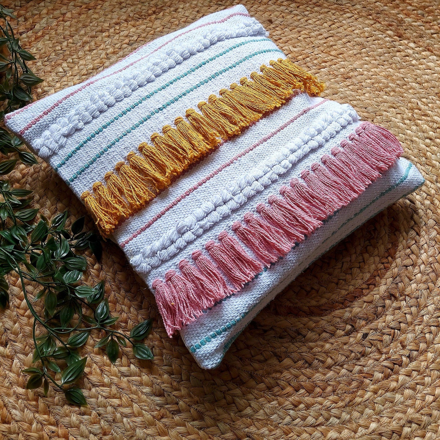 Handwoven White Boho Cushion Cover with Pink and Mustard Yellow Tassels | 16 x 16 Inch