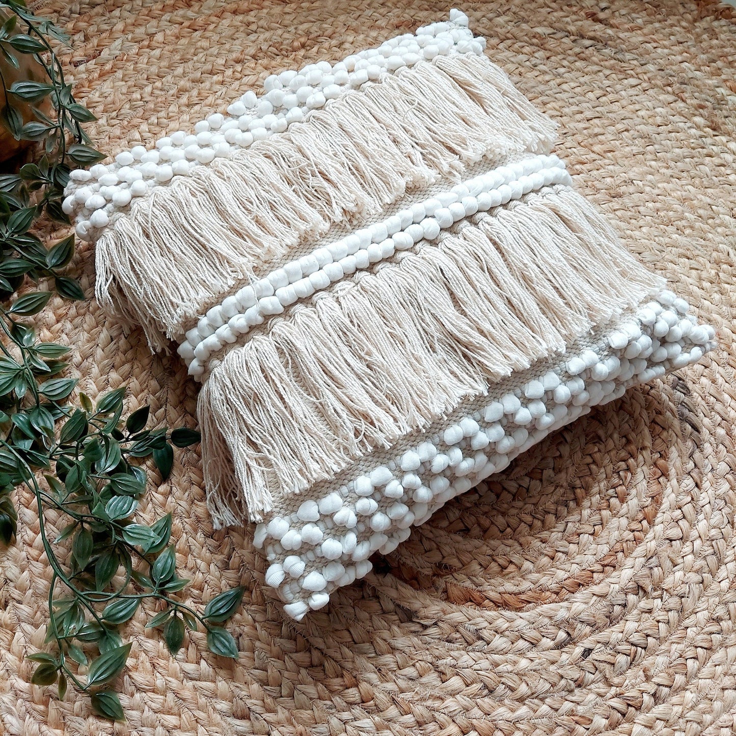 Handwoven Off White Tufted Boho Cushion Cover | 16 x 16 Inch