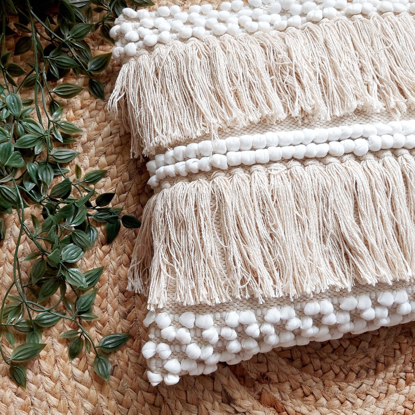 Handwoven Off White Tufted Boho Cushion Cover | 16 x 16 Inch