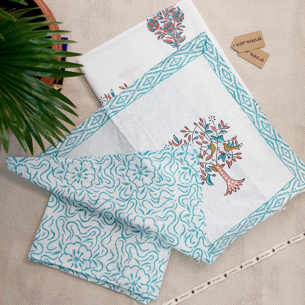 Hand Block Bird Print Pure Cotton Multicolor King Size Bedsheet | Artistic & Eco-Friendly