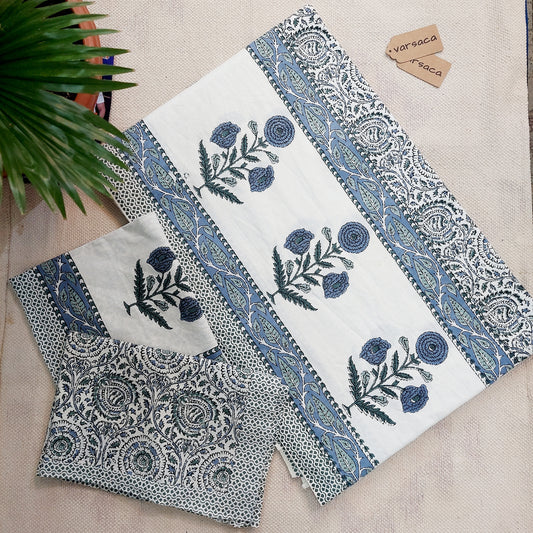 Hand Block Print Pure Cotton White And Blue Floral Print King Size Bed Sheet