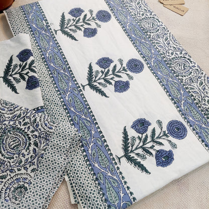 Hand Block Print Pure Cotton White And Blue Floral Print King Size Bed Sheet