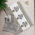 Hand Block Print Pure Cotton White And Beige Floral Print King Size Bed Sheet