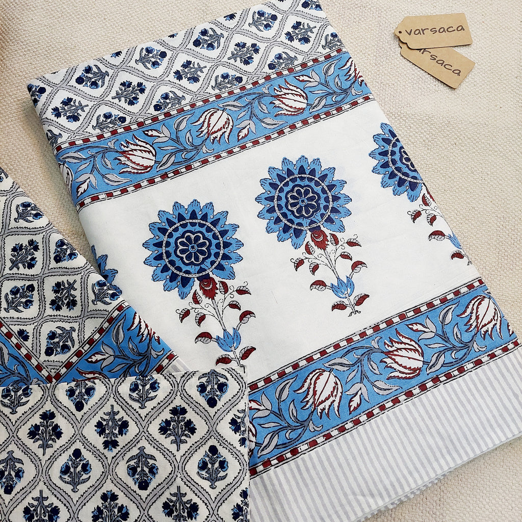 Mughal pattern Pure Cotton Blue Floral Print King Size Bed Sheet