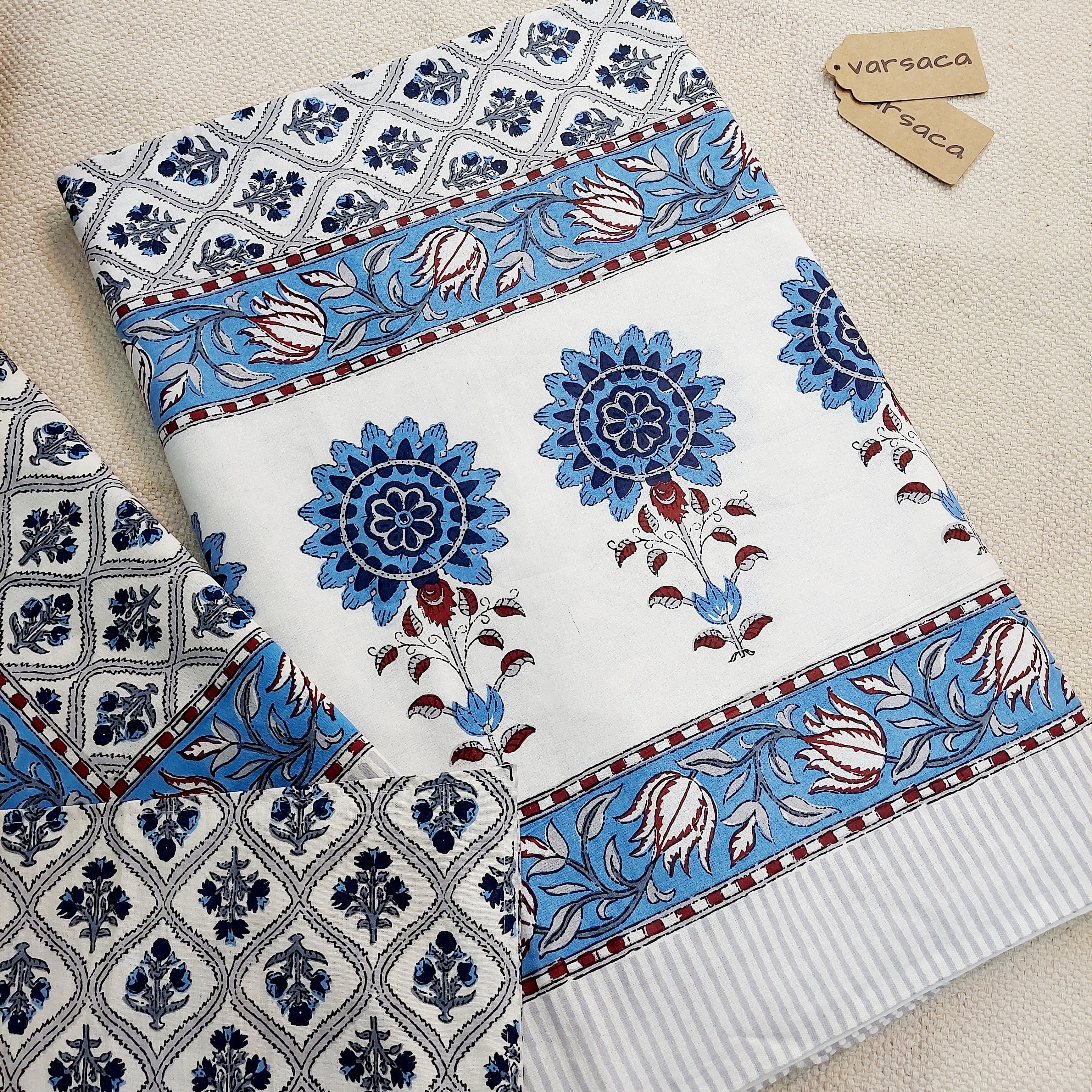 Mughal pattern Pure Cotton Blue Floral Print King Size Bed Sheet