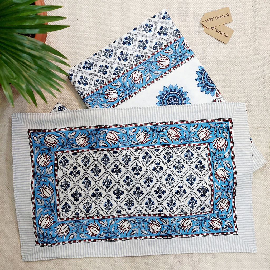 Mughal pattern Pure Cotton Blue Floral Print King Size Bed Sheet