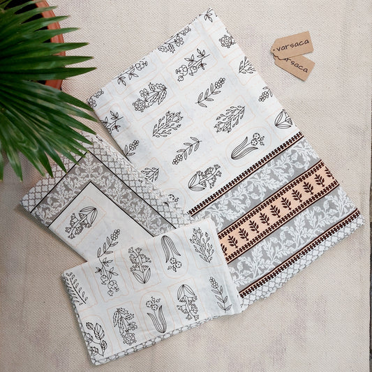 Hand Block Print Pure Cotton White And Brown Floral Print King Size Bed Sheet