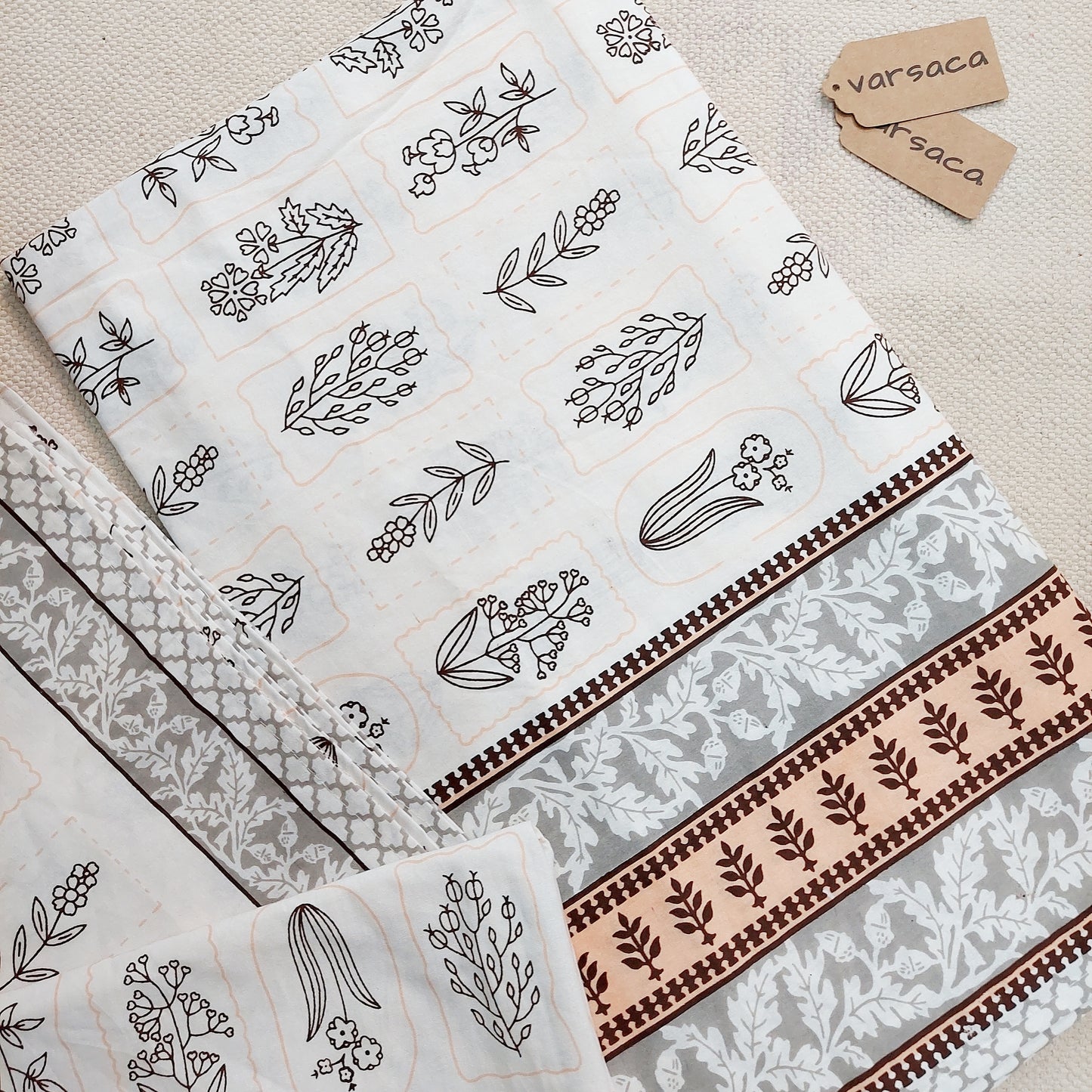 Hand Block Print Pure Cotton White And Brown Floral Print King Size Bed Sheet