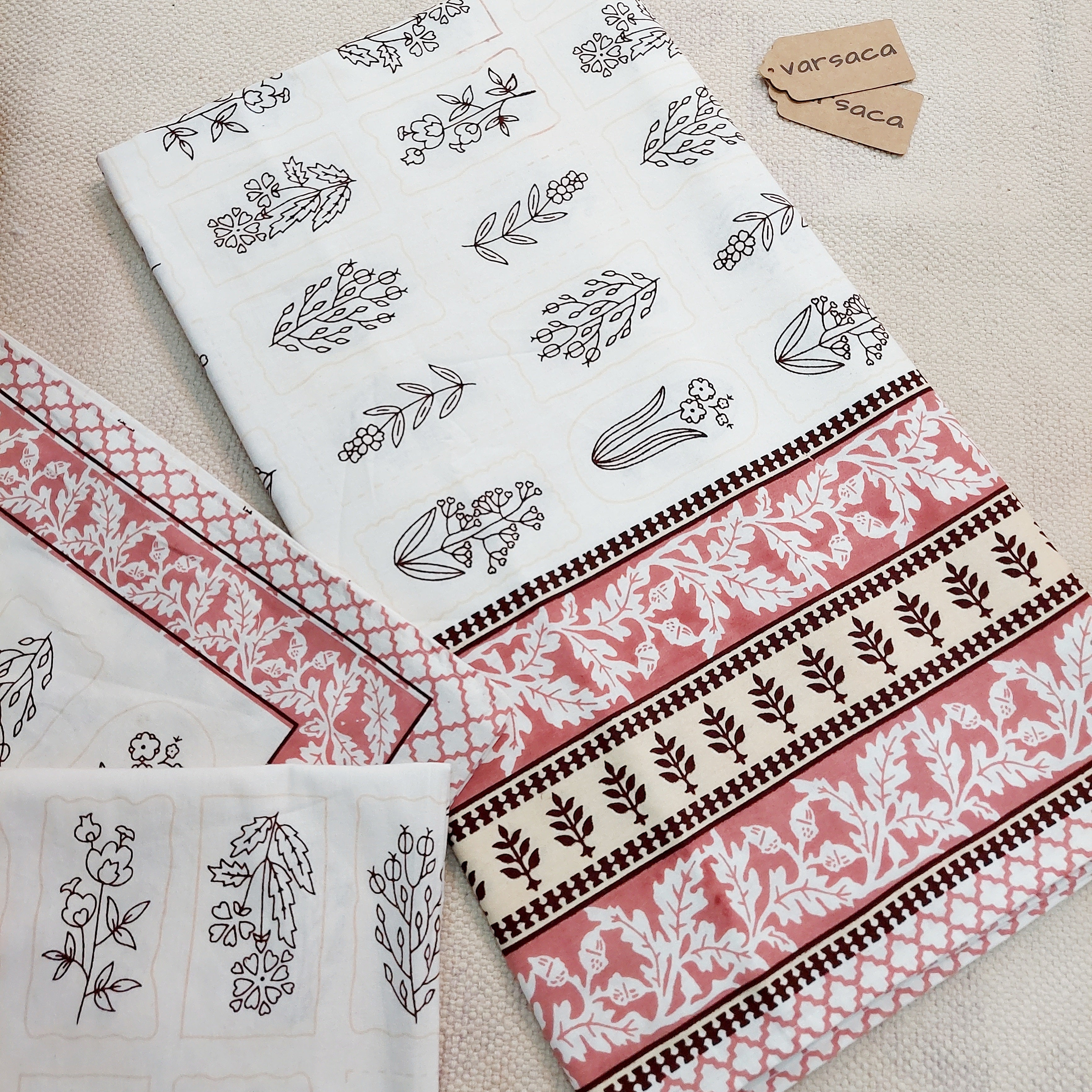 Hand Block Print Pure Cotton White And Red Floral Print King Size Bed Sheet