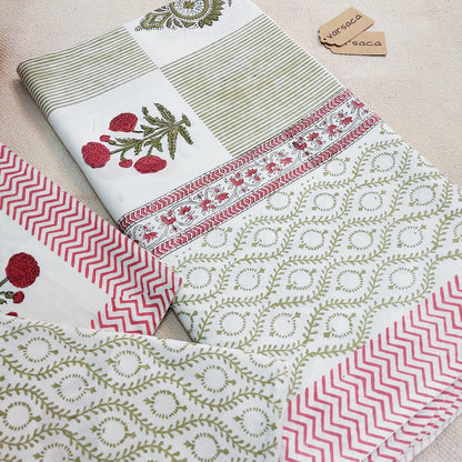 Hand Block Print Pure Cotton Red And Green King Size Bed Sheet