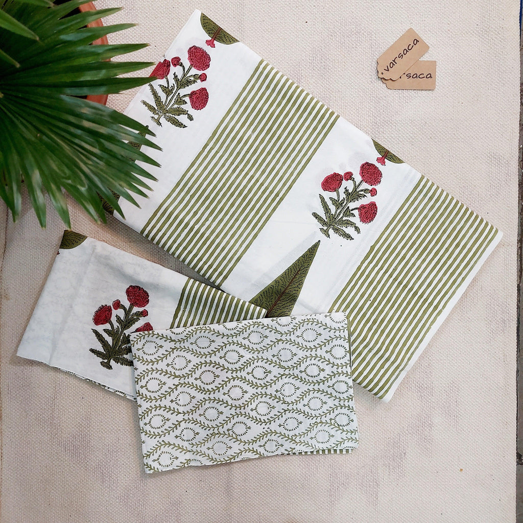 Hand Block Print Pure Cotton Red And Green King Size Bed Sheet I Botanical Garden Print