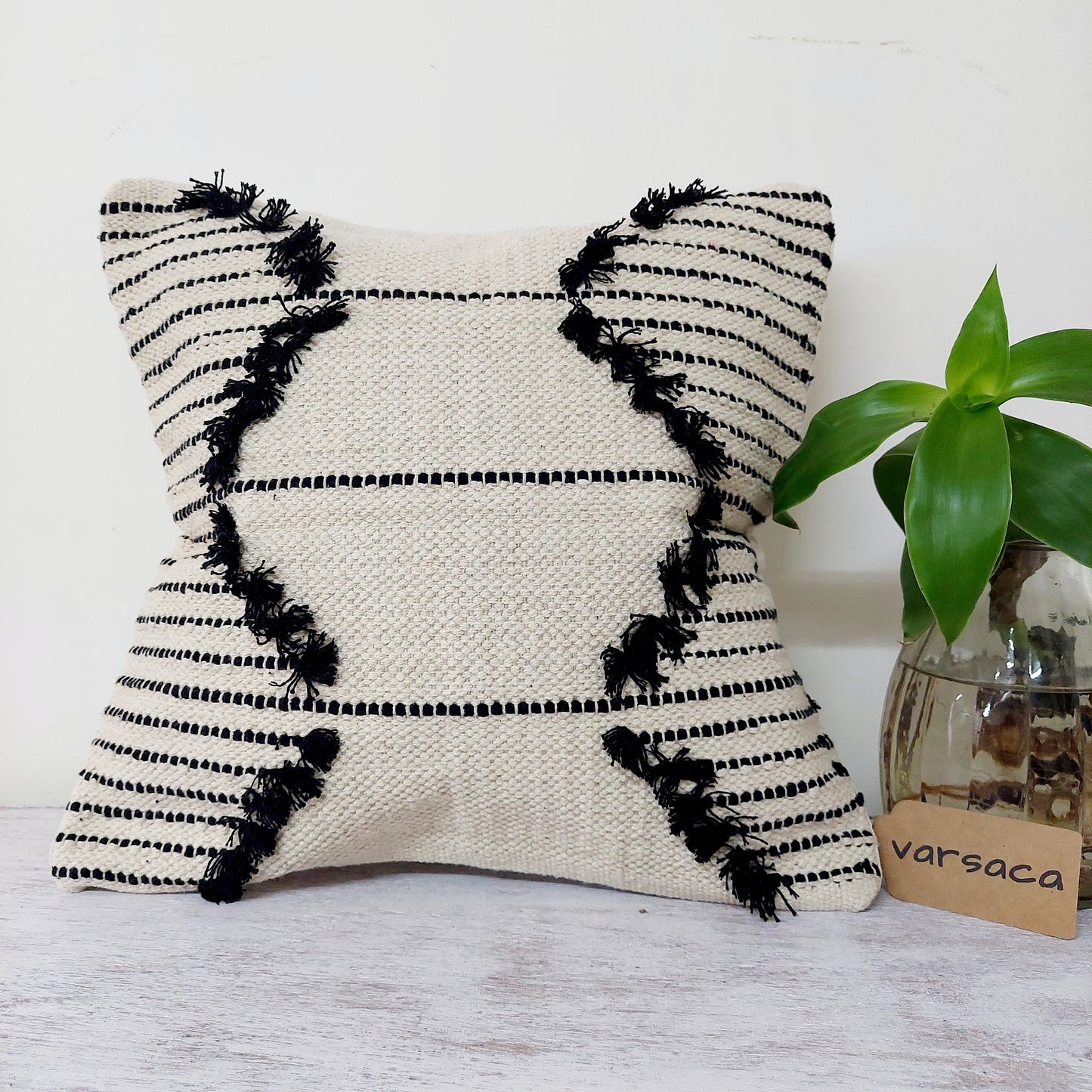 Zigzag Handwoven Black And White Tufted Boho Cushion Cover | 16 x 16 Inch