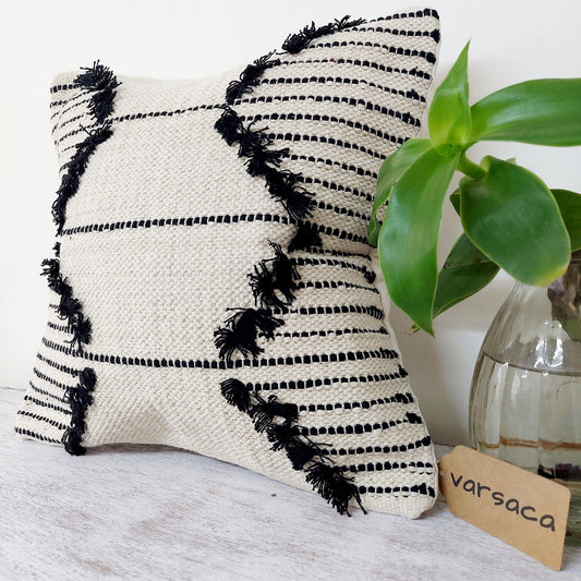 Zigzag Handwoven Black And White Tufted Boho Cushion Cover | 16 x 16 Inch