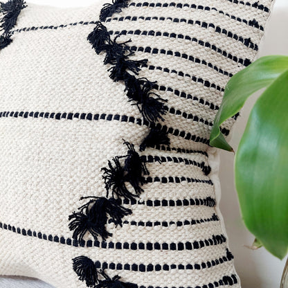 Zigzag Handwoven Black And White Tufted Boho Cushion Cover | 16 x 16 Inch