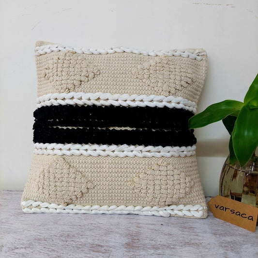 Handwoven Off White Tufted Boho Cushion Cover with Black Stripe | 16 x 16 Inch