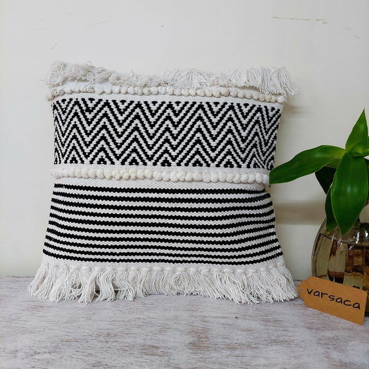 Rows And Zigzag Pattern Black And White Handwoven Tufted Boho Cushion Cover | 16 x 16 Inch