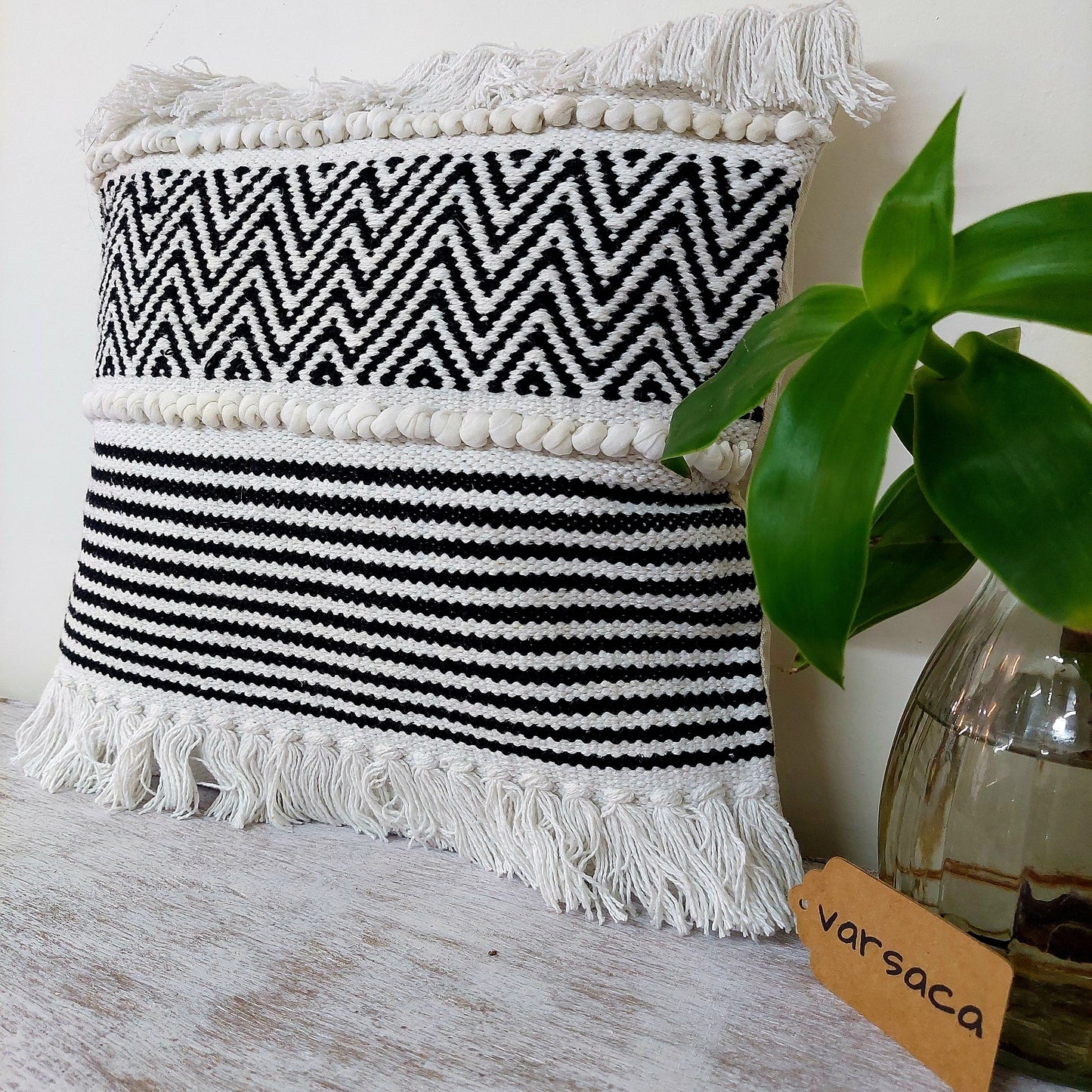 Rows And Zigzag Pattern Black And White Handwoven Tufted Boho Cushion Cover | 16 x 16 Inch