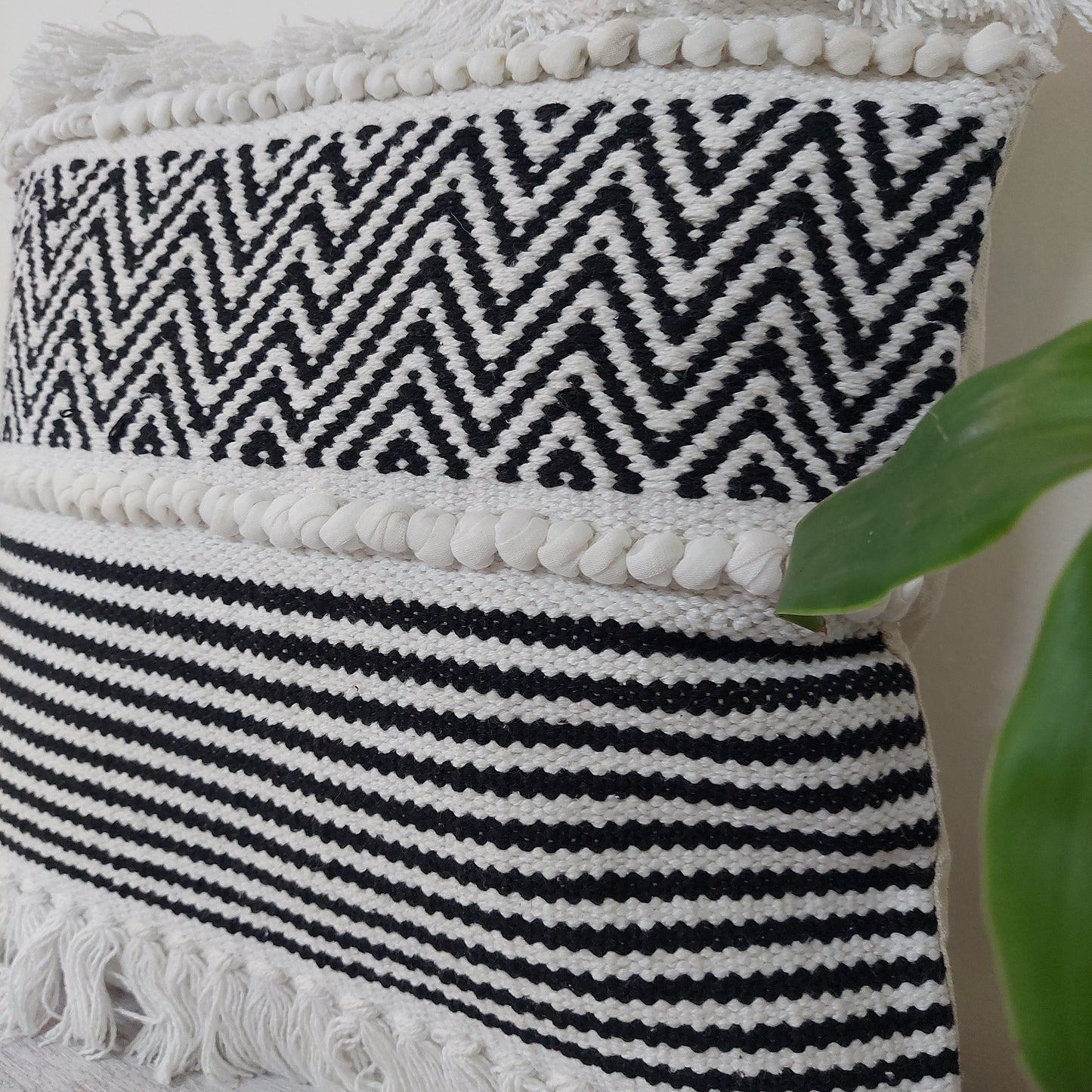 Rows And Zigzag Pattern Black And White Handwoven Tufted Boho Cushion Cover | 16 x 16 Inch