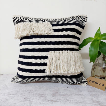 Stripe Pattern Black And White Handwoven Tufted Boho Cushion Cover | 16 x 16 Inch