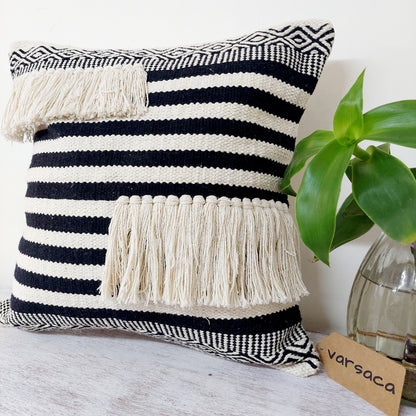 Stripe Pattern Black And White Handwoven Tufted Boho Cushion Cover | 16 x 16 Inch