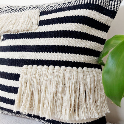 Stripe Pattern Black And White Handwoven Tufted Boho Cushion Cover | 16 x 16 Inch