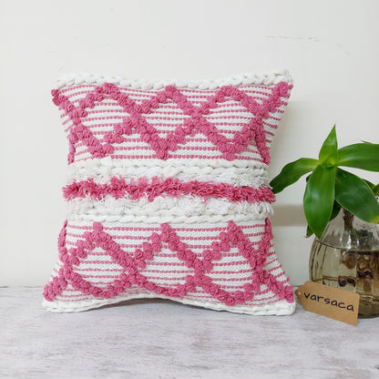 Pink Handwoven Tufted Boho Cushion Cover | 16 x 16 Inch