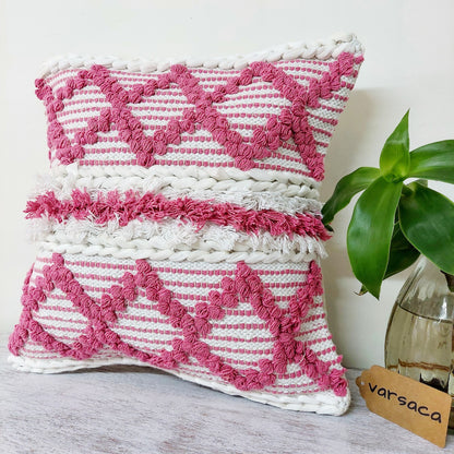 Pink Handwoven Tufted Boho Cushion Cover | 16 x 16 Inch