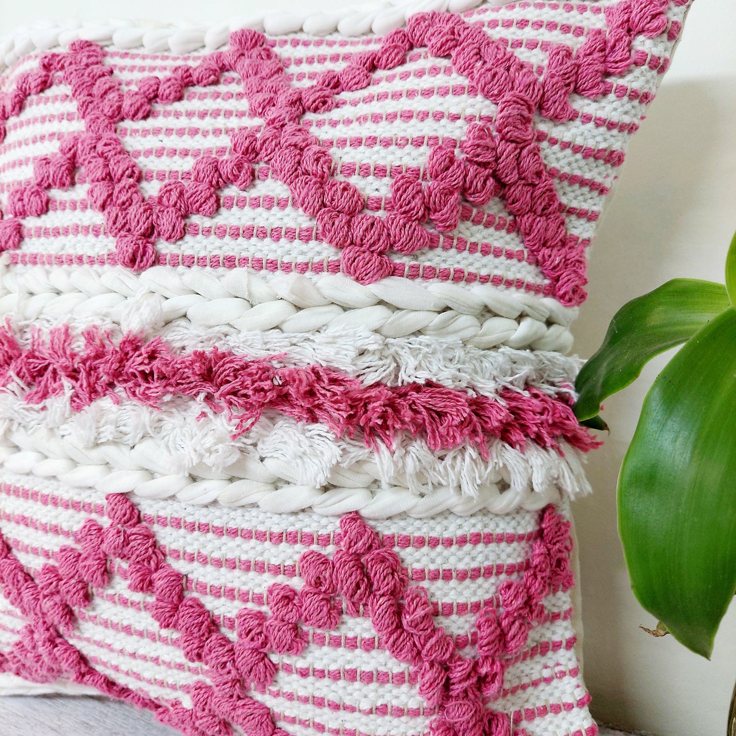 Pink Handwoven Tufted Boho Cushion Cover | 16 x 16 Inch