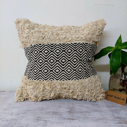 Black And Off White Handwoven Tufted Boho Cushion Cover