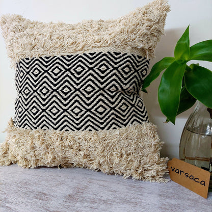 Black And Off White Handwoven Tufted Boho Cushion Cover