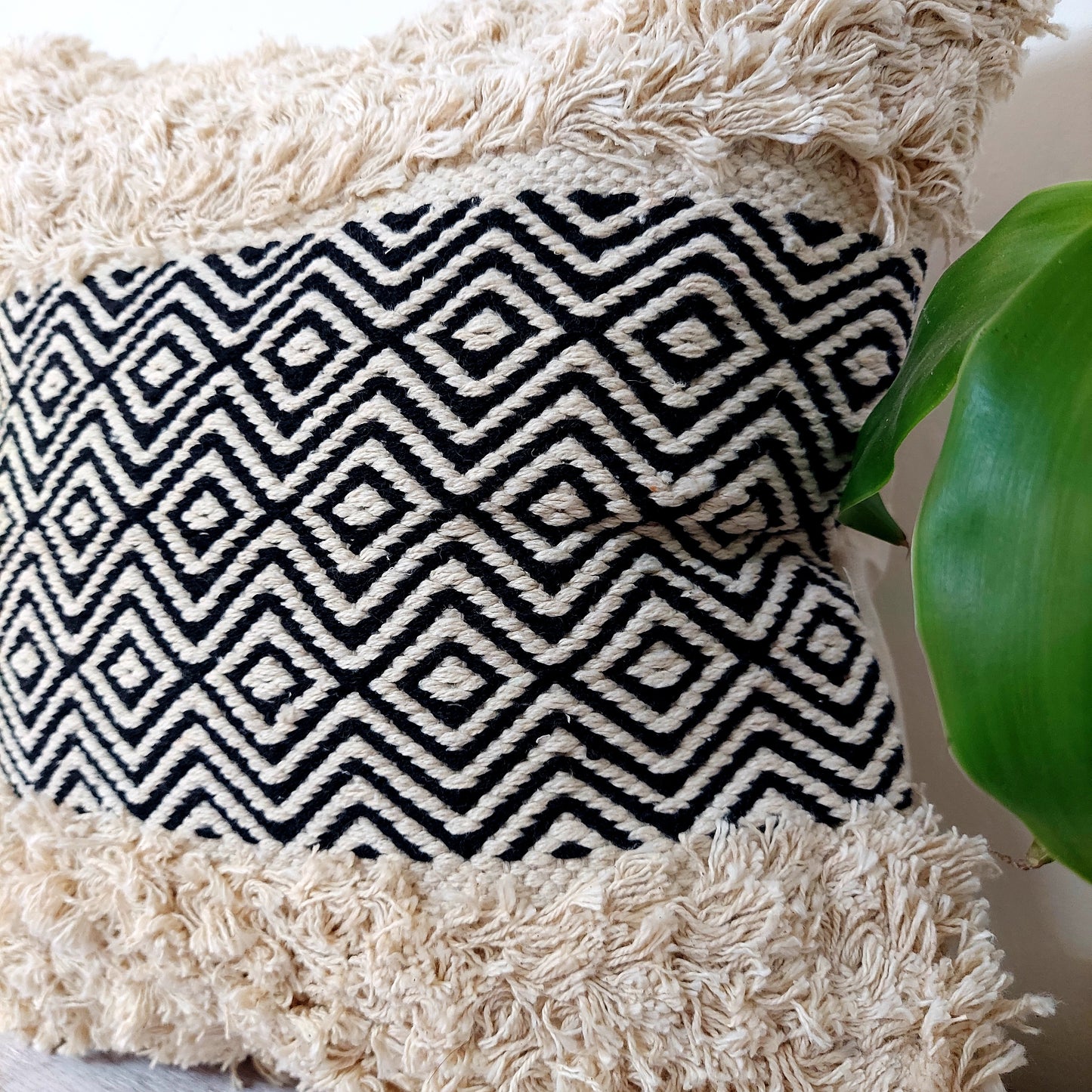 Black And Off White Handwoven Tufted Boho Cushion Cover