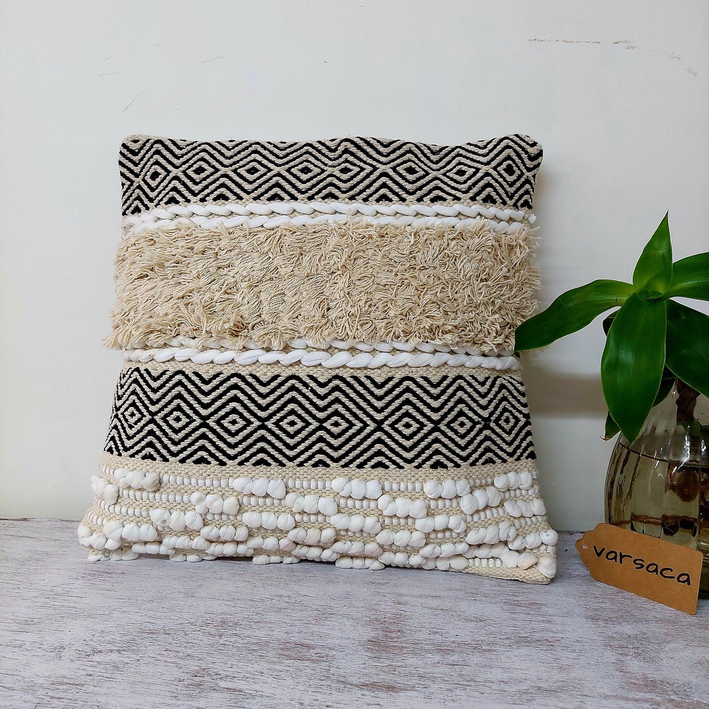 Black and White Striped Handwoven Tufted Boho Cushion Cover