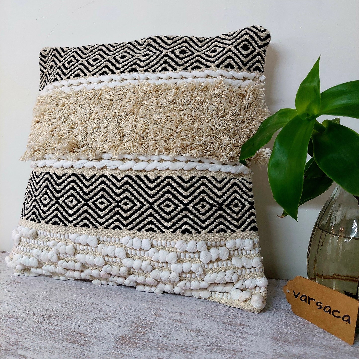 Black and White Striped Handwoven Tufted Boho Cushion Cover