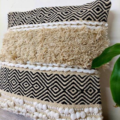 Black and White Striped Handwoven Tufted Boho Cushion Cover