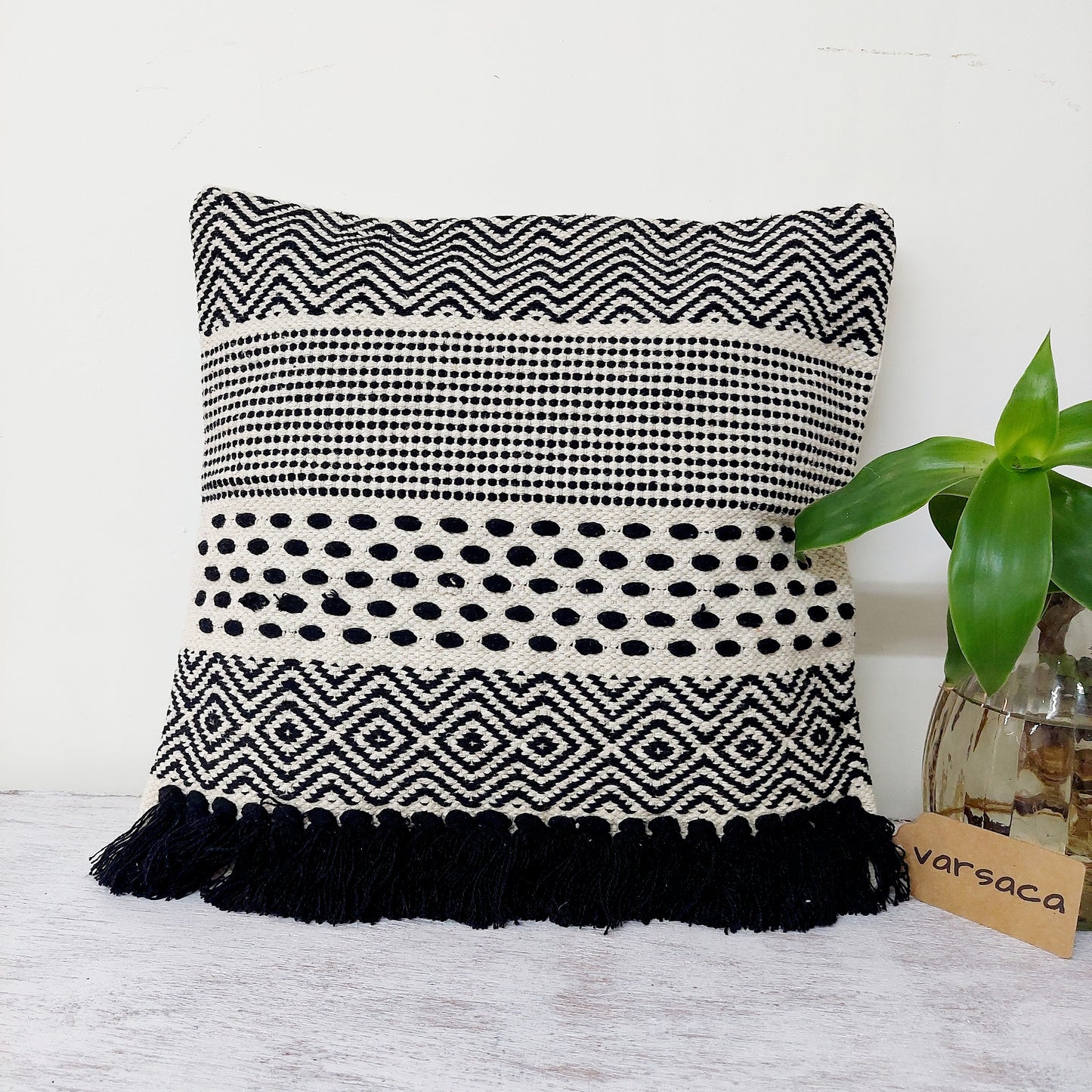 Rows and Dots Pattern Handwoven Black and White Tufted Boho Cushion Cover | 16 x 16 Inch