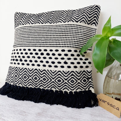 Rows and Dots Pattern Handwoven Black and White Tufted Boho Cushion Cover | 16 x 16 Inch