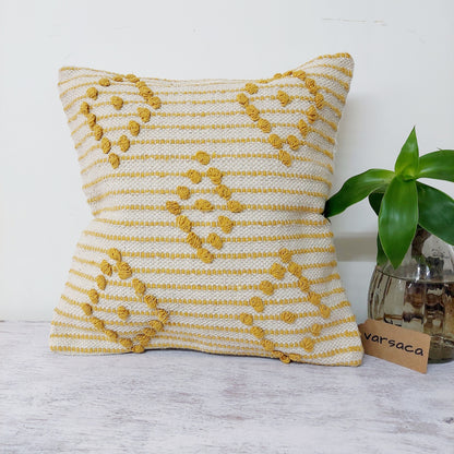 Yellow And Off White Handwoven Tufted Boho Cushion Cover | 16 x 16 Inch