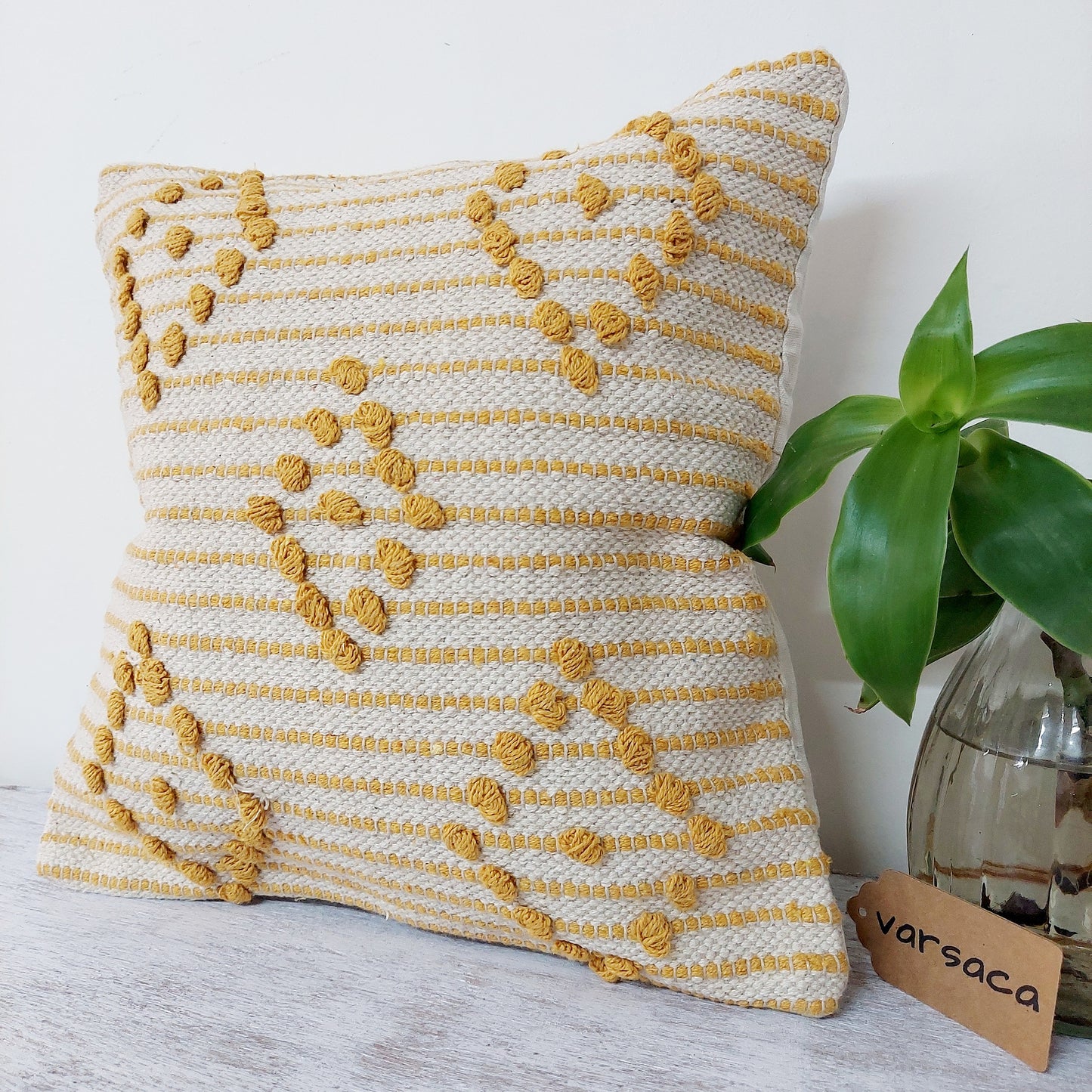 Yellow And Off White Handwoven Tufted Boho Cushion Cover | 16 x 16 Inch