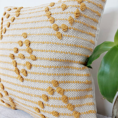 Yellow And Off White Handwoven Tufted Boho Cushion Cover | 16 x 16 Inch