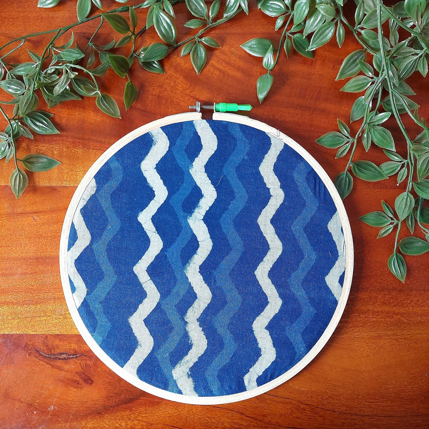 Indigo Blue Zigzag Patterns Embroidery Hoop – White & Shades of Blue | Upcycled Fabric | Multiple Sizes