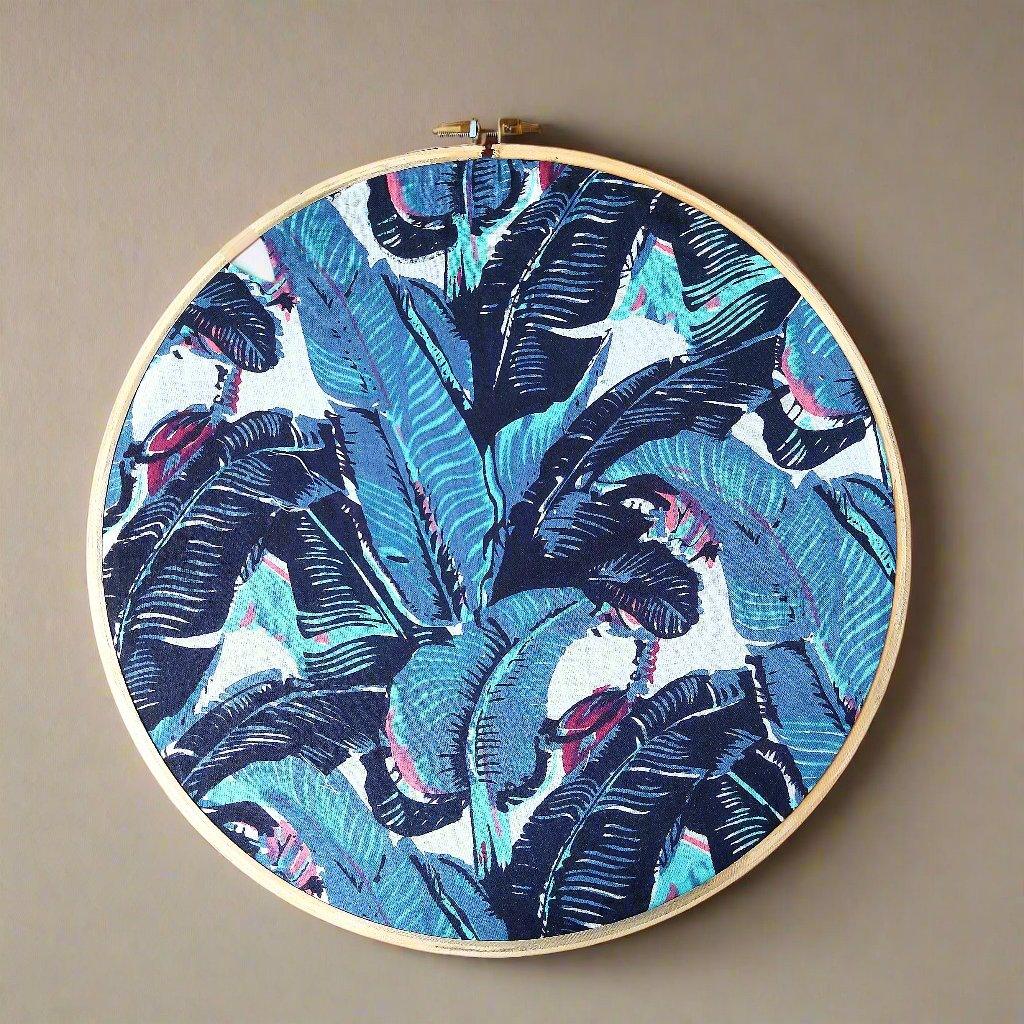 Black and Blue Banana Leaf Embroidery Hoop – Upcycled Fabric | Multiple Sizes