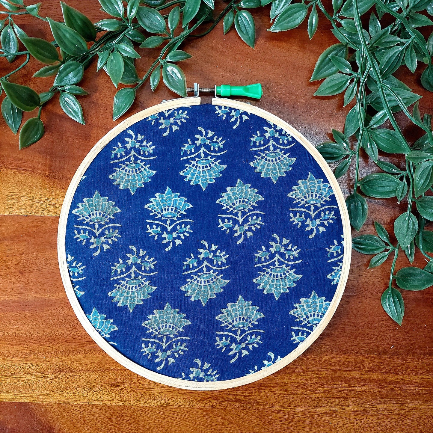 Indigo and White Floral Motif Embroidery Hoop – Upcycled Fabric | Multiple Sizes