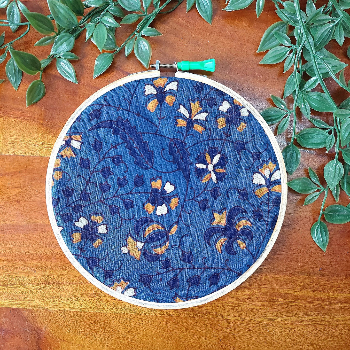 Blue Floral Print Embroidery Hoop Wall Decor