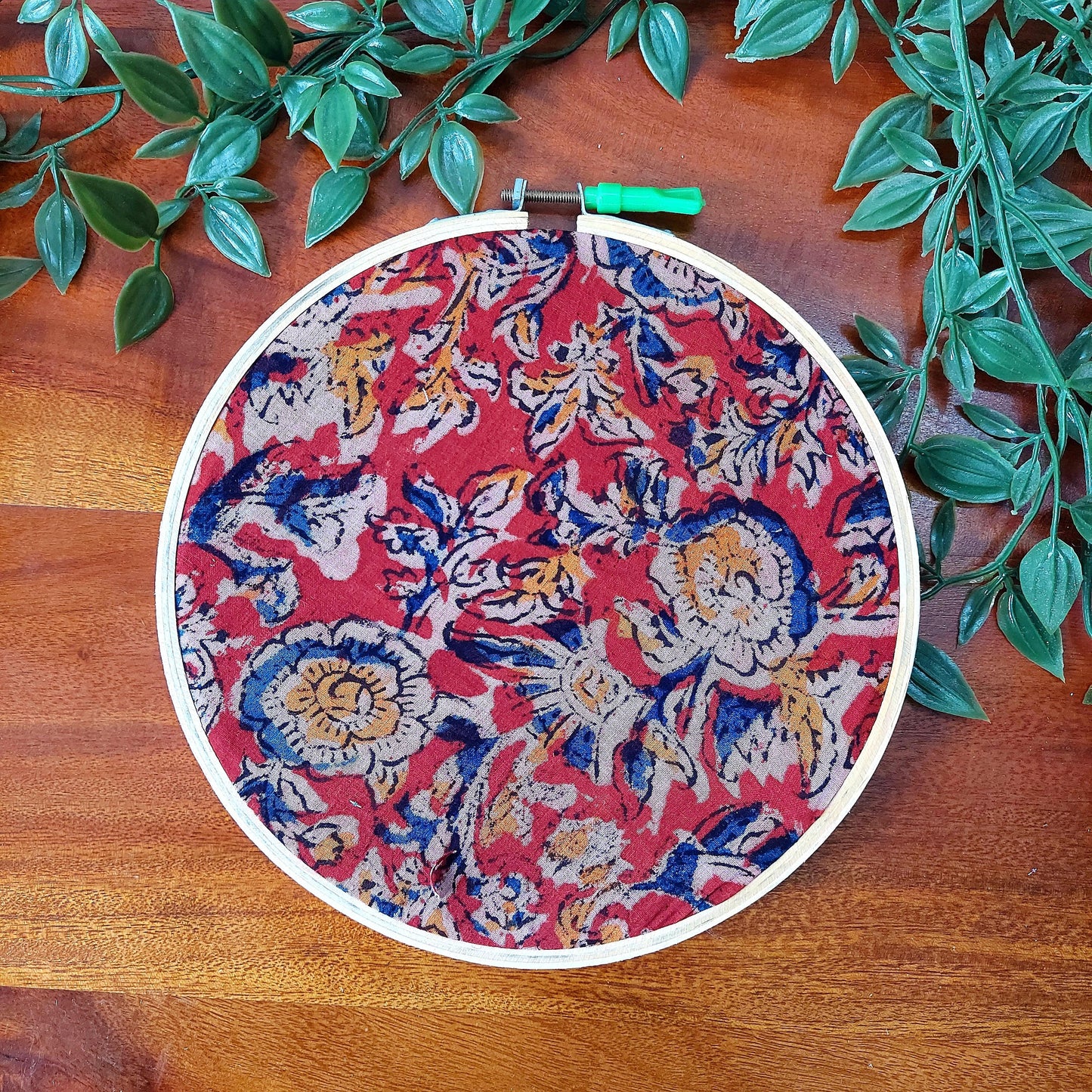 Red Kalamkari Embroidery Hoop Wall Decor – Upcycled Fabric | Multiple Sizes